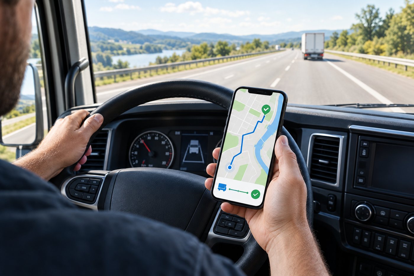 Driver checking load details on a phone in the truck cab