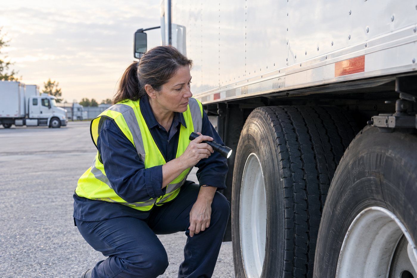 Driver doing a pre-trip inspection on a box truck