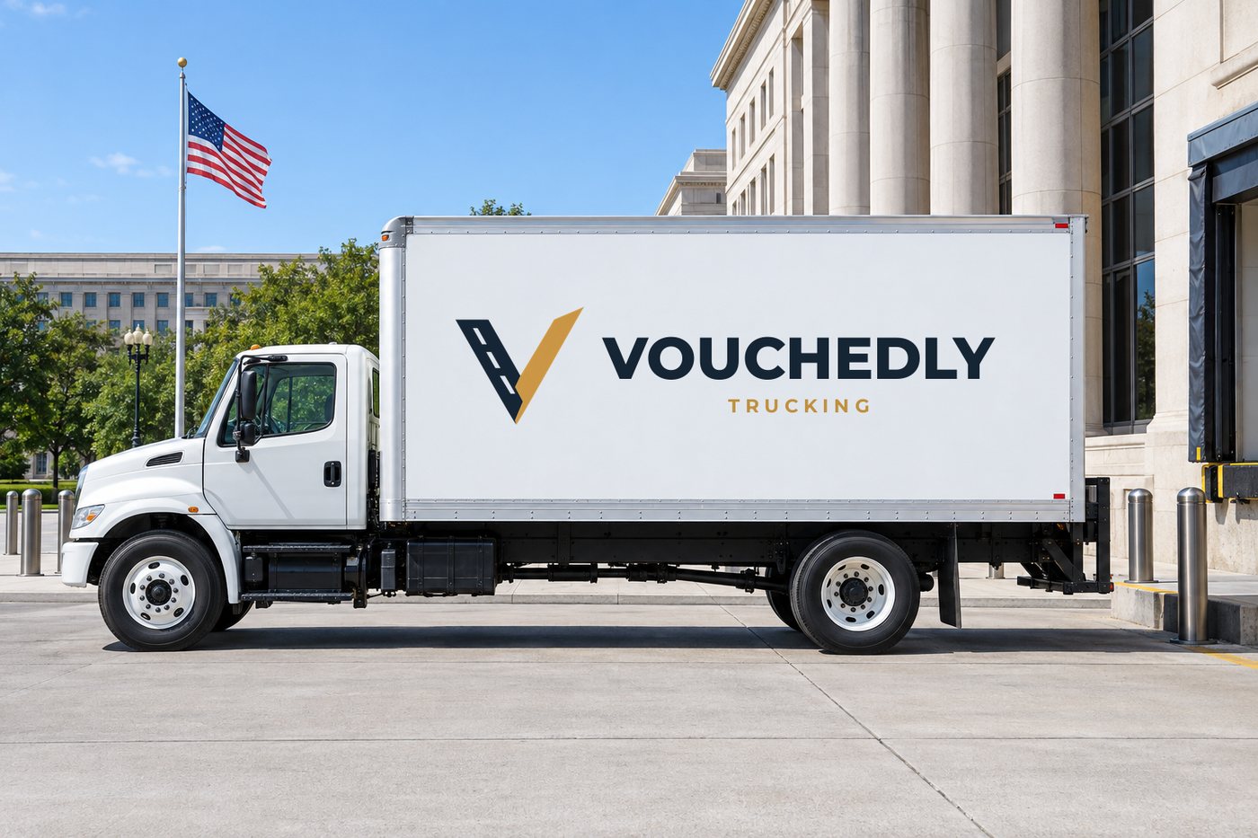 Vouchedly Trucking box truck at a government facility