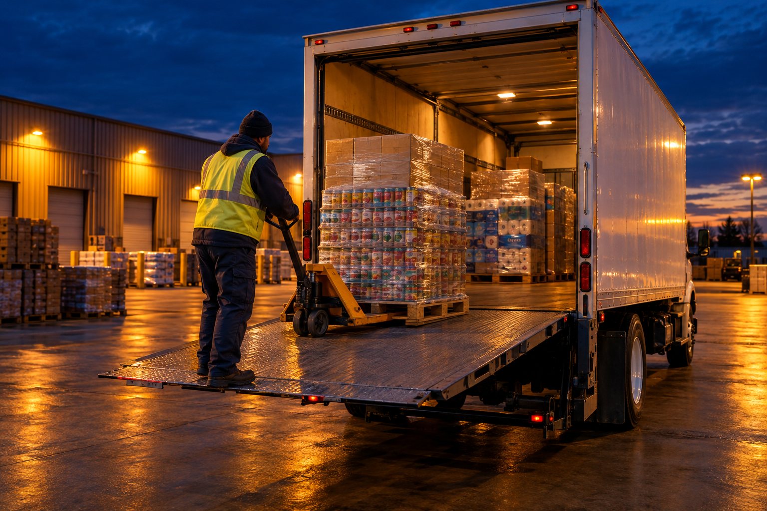 Pallets of boxed goods loaded into a box truck by lift gate